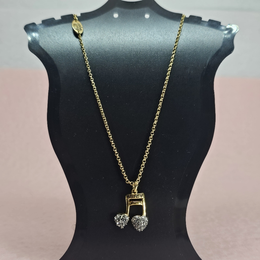 Juice Couture Rhinestone Music Note Charm Necklace Gold Tone 15" to 17"